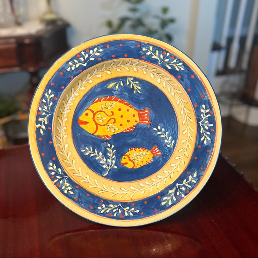 Maxcera Mediterranean Round Serving Platter Hand Painted Fish Nautical 14”